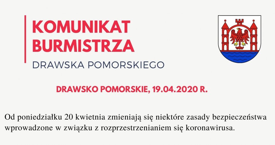Komunikat Burmistrza Drawska Pomorskiego z dnia 19.04.2020 r. 